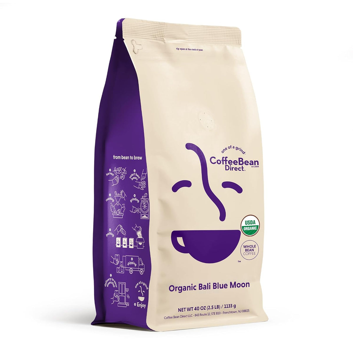 Coffee Bean Direct Organic Bali Blue Moon, Whole Bean Coffee, Light Roast, 2.5 Pound Bag (Pack of 1)