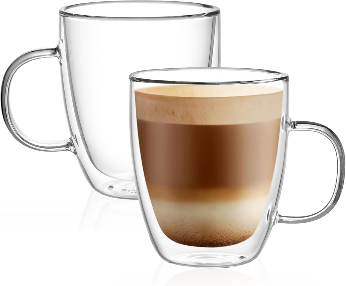 CNGLASS Double Wall Glass Coffee Mugs 12 oz,Insulated Glass Coffee Cups with Handle,Clear Espresso Mugs for Cappuccino,Latte,Tea Bags,Hot and Cold Beverages,Set of 2