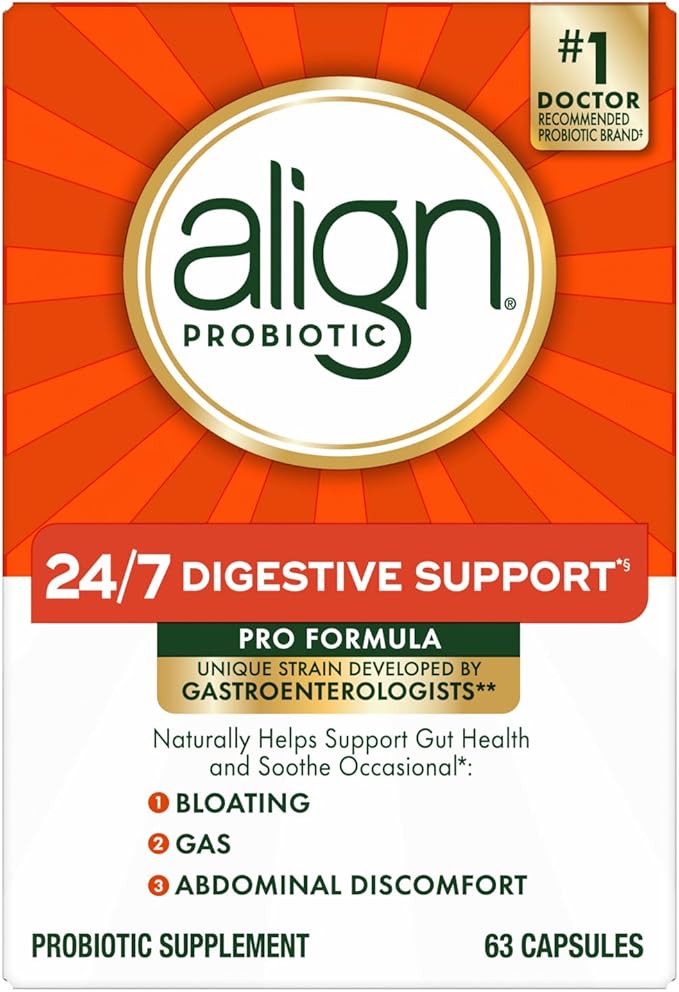 Align Probiotic, Pro Formula, Probiotics for Women and Men, Daily Probiotic Supplement, Helps Soothe Occasional Bloating & Gas*, #1 Doctor Recommended Brand‡, 63 Capsules (Packaging May Vary)