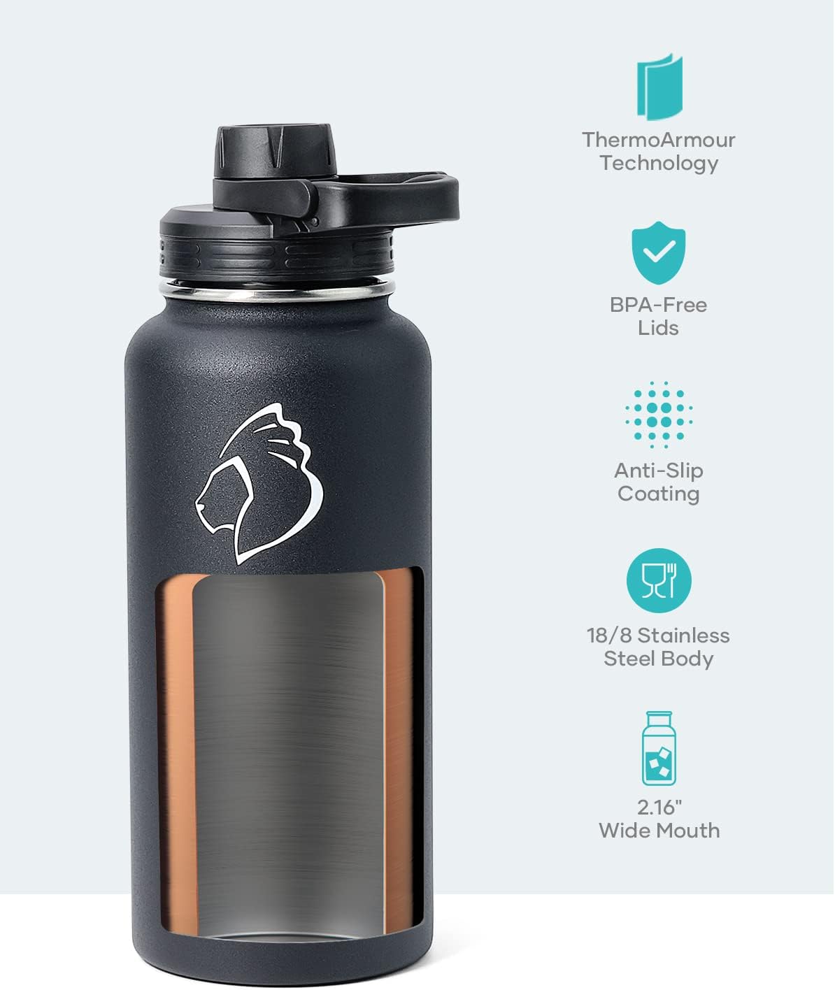 BUZIO 32 oz Water Bottle Insulated with Straw & 3 lid and Carrying Pouch, Leak Proof Anti-Slip Stainless Steel Water Flask Jug, Cold for 48 Hrs Double Vacuum Thermo Canteen, BPA-Free, Black