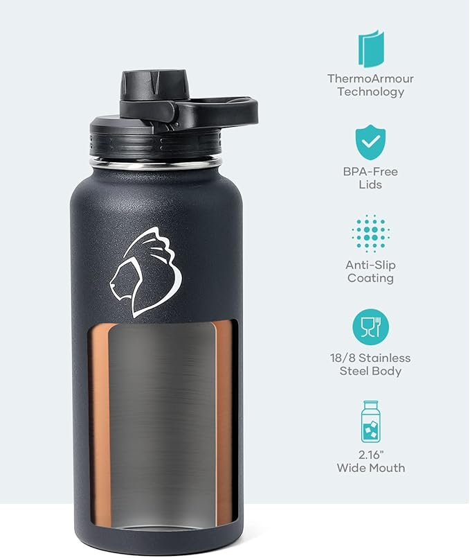 BUZIO 32 oz Water Bottle Insulated with Straw & 3 lid and Carrying Pouch, Leak Proof Anti-Slip Stainless Steel Water Flask Jug, Cold for 48 Hrs Double Vacuum Thermo Canteen, BPA-Free, Black