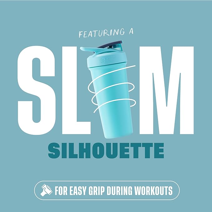 BlenderBottle Sport Sleek Insulated Stainless Steel Shaker Bottle with Wire Whisk, 25-Ounce, Seafoam – Protein Shakes & Hydration for Athletes & Fitness Enthusiasts, Easy Mixing, Slim Easy to Hold, Keeps Drinks Cold, Lockable Lid