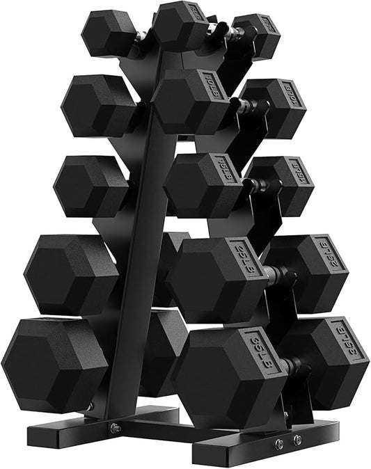 PAPABABE Hex Dumbbell Sets with Rack, 60-550lb Rubber Coated Dumbbell Weight Set and Storage Rack, Multiple Options Hand Weights for Strength Training