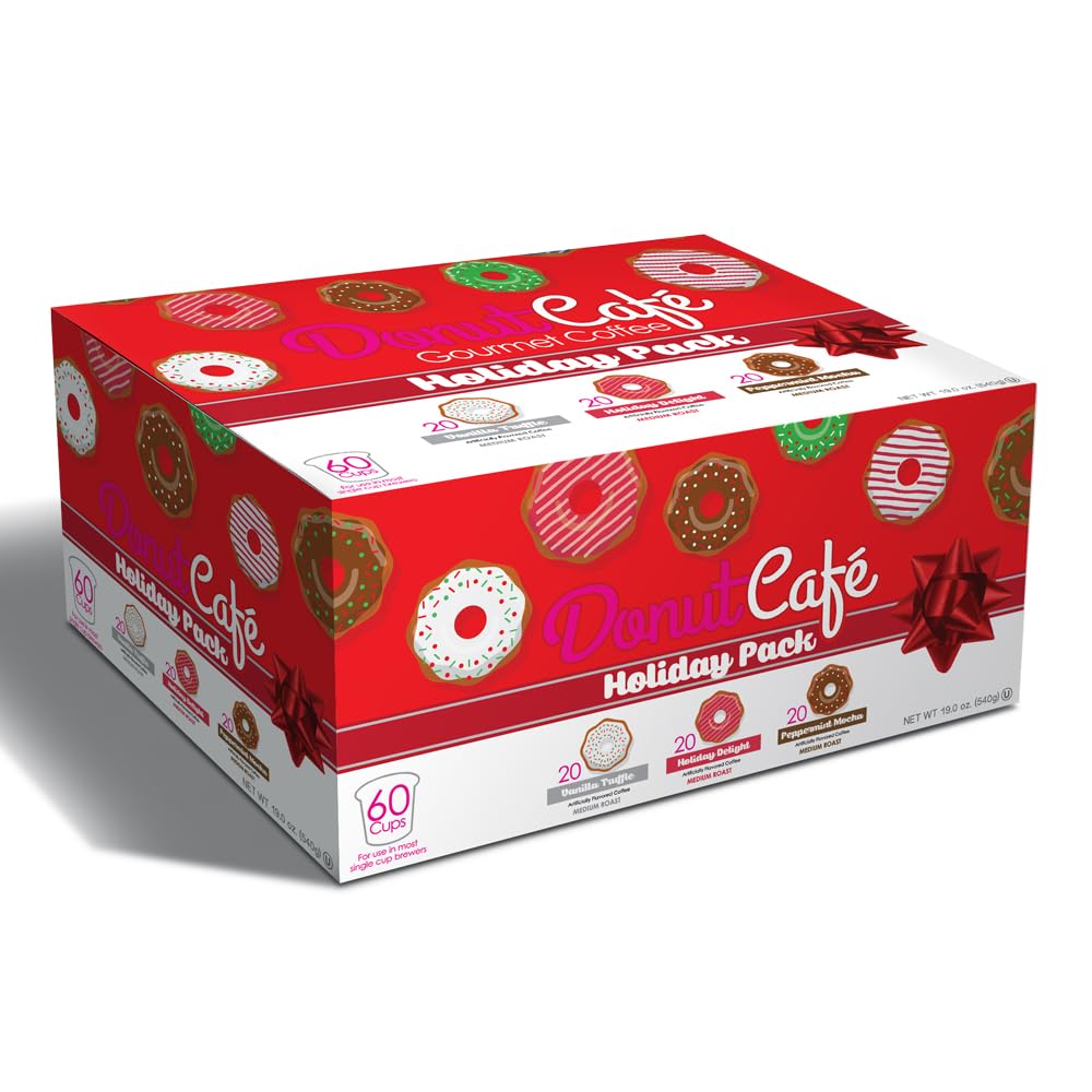 Donut Cafe Holiday Pack (Holiday Delight, Pmint Mocha, VanCaramel) 60ct Single Cup