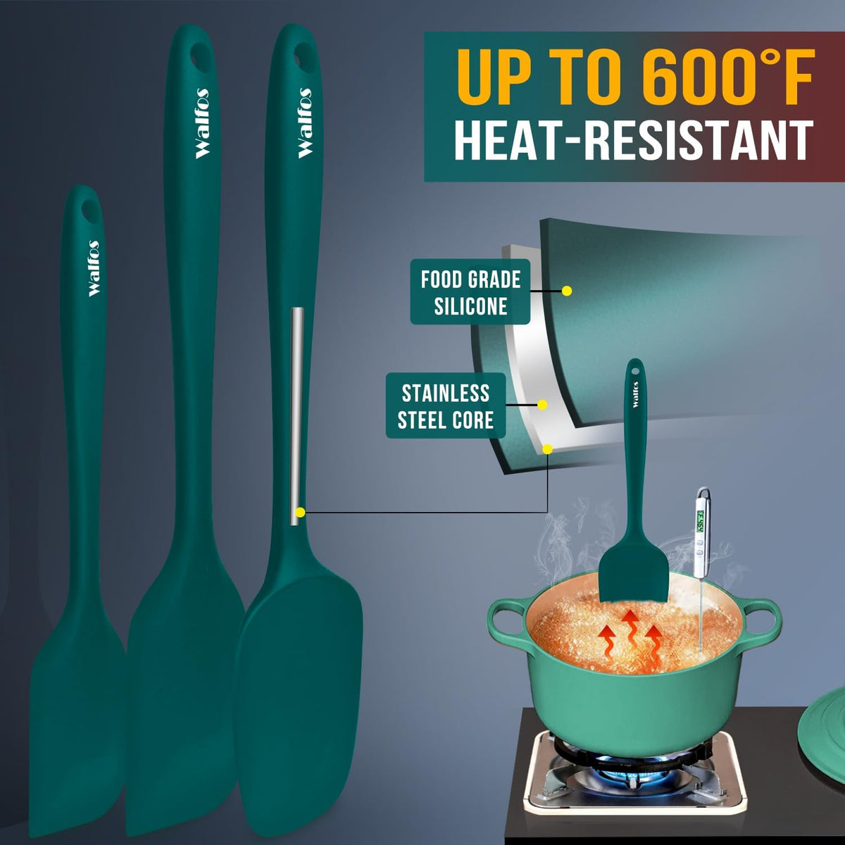 Walfos Silicone Spatula Set of 7 - (600°F) High Heat Resistant Dark Green Kitchen Scraper Spatulas, One-Pieces Seamless Design, Perfect for Cooking Mixing & Baking - BPA Free and Dishwasher Safe