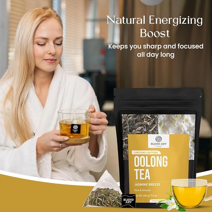 Blendart Jasmine Oolong Tea bags 100 Count | Oolong tea bags for weight loss | Premium High Mountain Oolong Tea leaves | Naturally Caffeinated Tea | Flower Scented Tea | Pyramid Tea bags