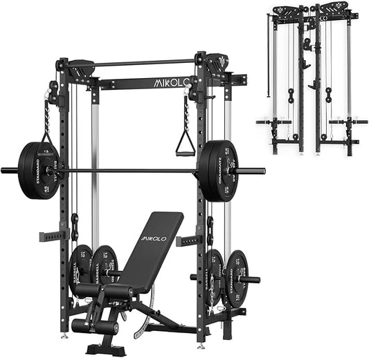 Mikolo Folding Squat Rack, Wall Mounted Power Rack with Cable Crossover Machine & LAT Pull Down, Functional Trainer with 5 Adjustable Function Modes, for Home Gym and Space Saving