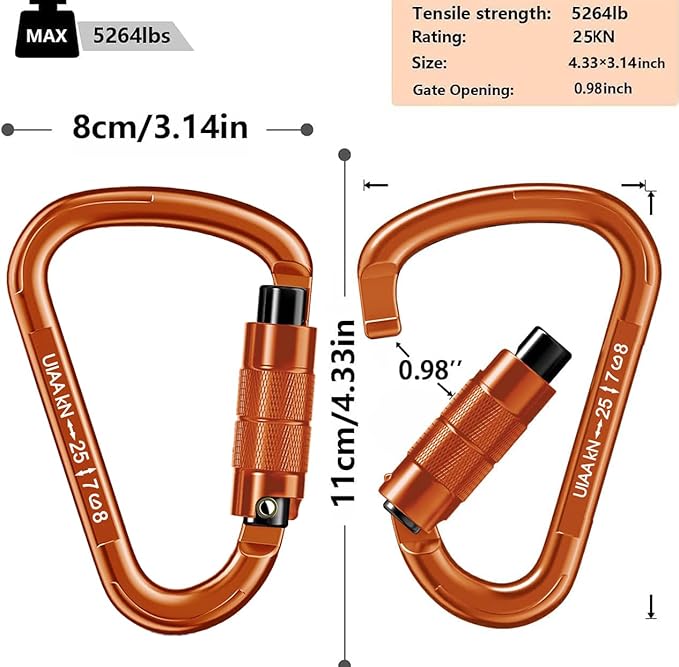 Auto Locking Carabiner Heavy Duty Carabiner 25kN UIAA Certified Climbing Carabiner Climbing Equipment Safety Carabiners for Rappelling, Hammocks, Rescue, Dog Leash, Swing