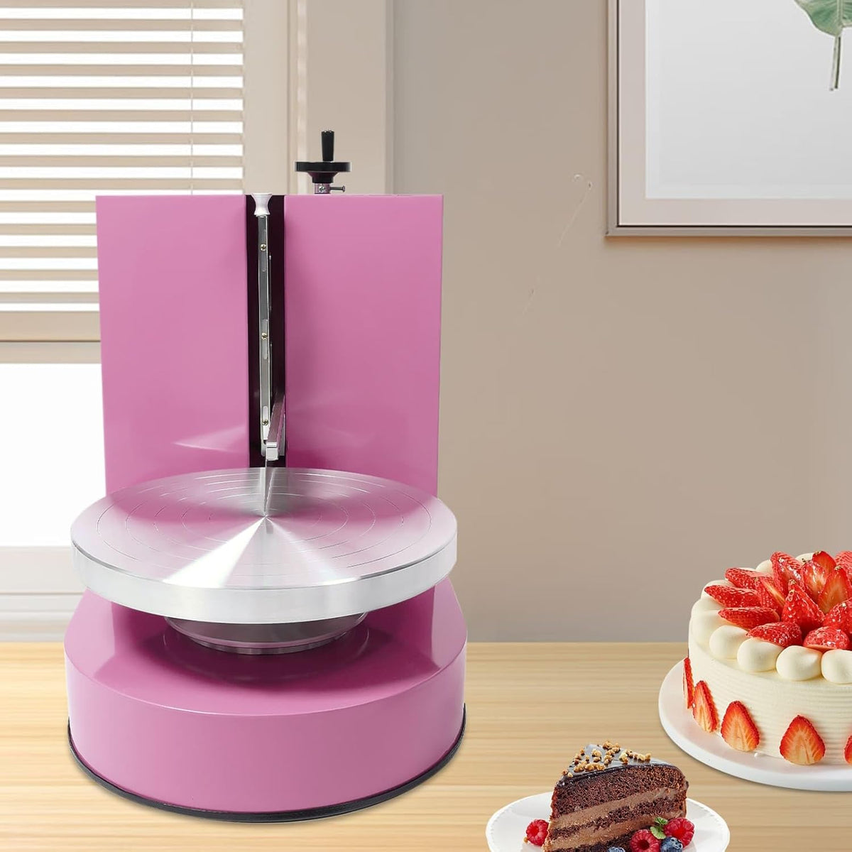 Cake Decorating Machine, Automatic Cake Cream Spreading Machine 200W for 4-12" Cakes, Cake Frosting Machine, 60-320rpm Rotating Speed, Turntable with Adjustable Scraper, LCD Display (Pink)