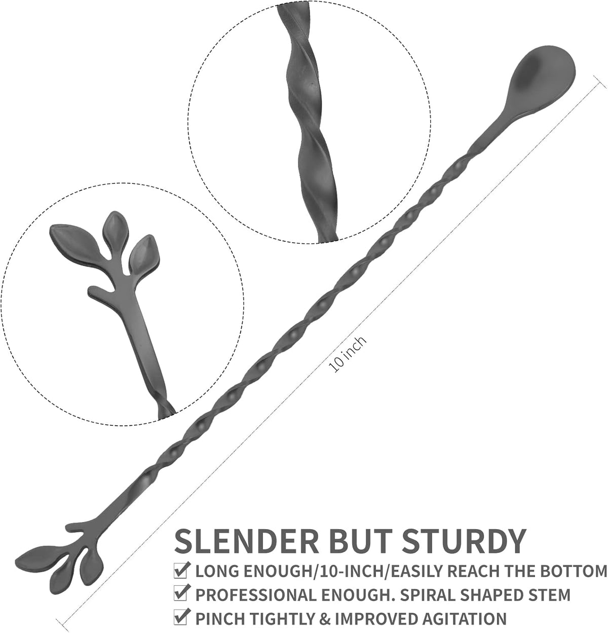 AnSaw Black 10-Inch Stainless Steel Cocktail Spoon with Leaf Handle - Perfect for Mixing & Layering Drinks in Tall Cups, Bar & Shakers - Durable Long Handle Bar Stirrer,2-Pieces