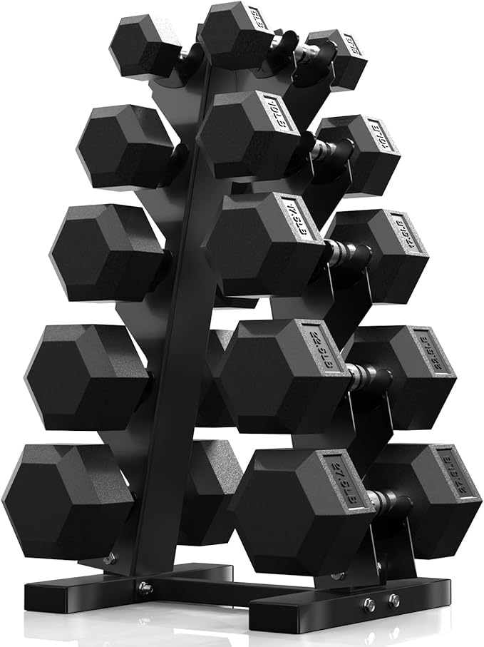 PAPABABE Hex Dumbbell Sets with Rack, 60-550lb Rubber Coated Dumbbell Weight Set and Storage Rack, Multiple Options Hand Weights for Strength Training