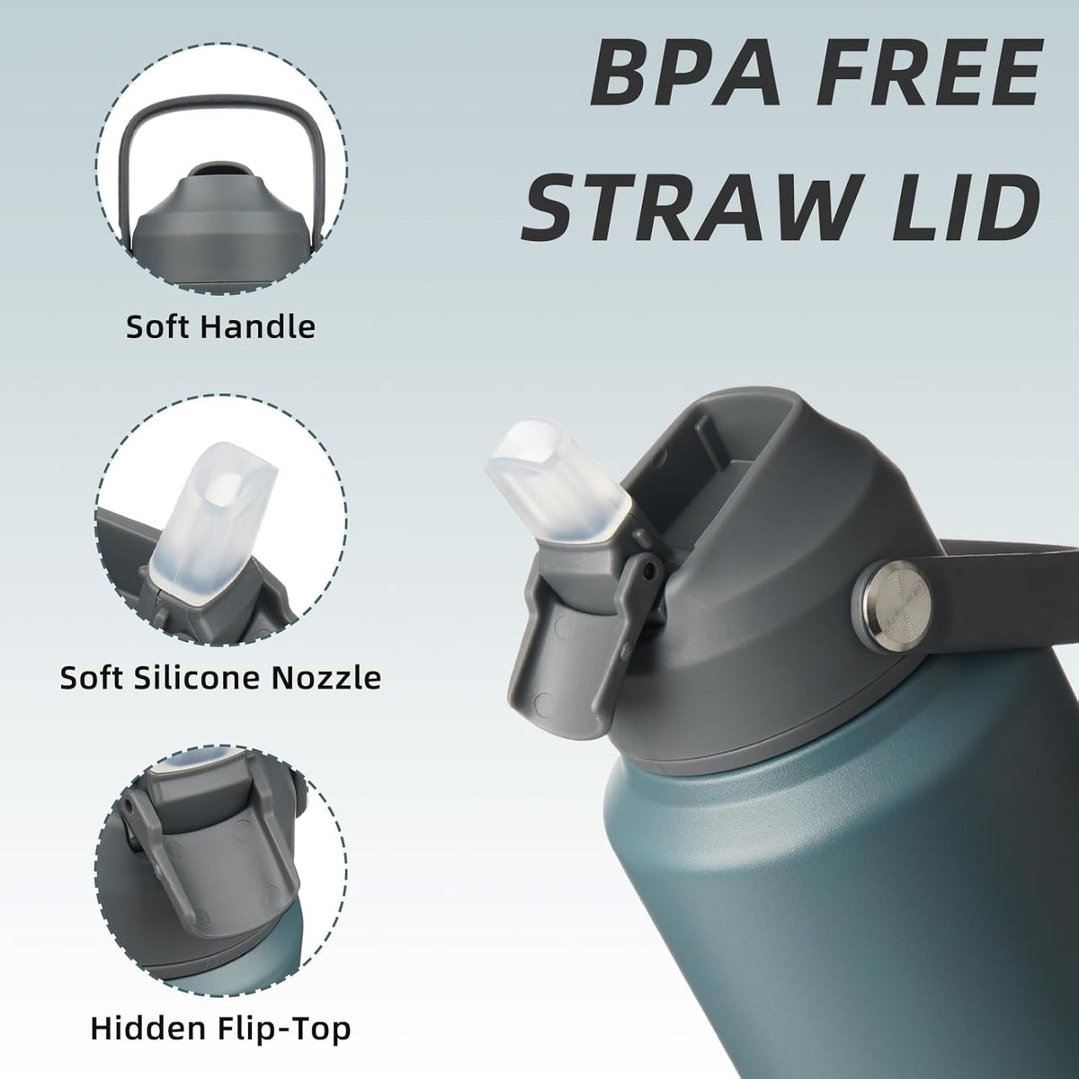 BJPKPK Water Bottle with Straw Lid, 32oz Vacuum Insulated Water Bottles, Metal Stainless Steel Thermos for Sports, Travel, BPA Free Leak Proof Thermos, Cups, Flasks, Tumblers, Grey