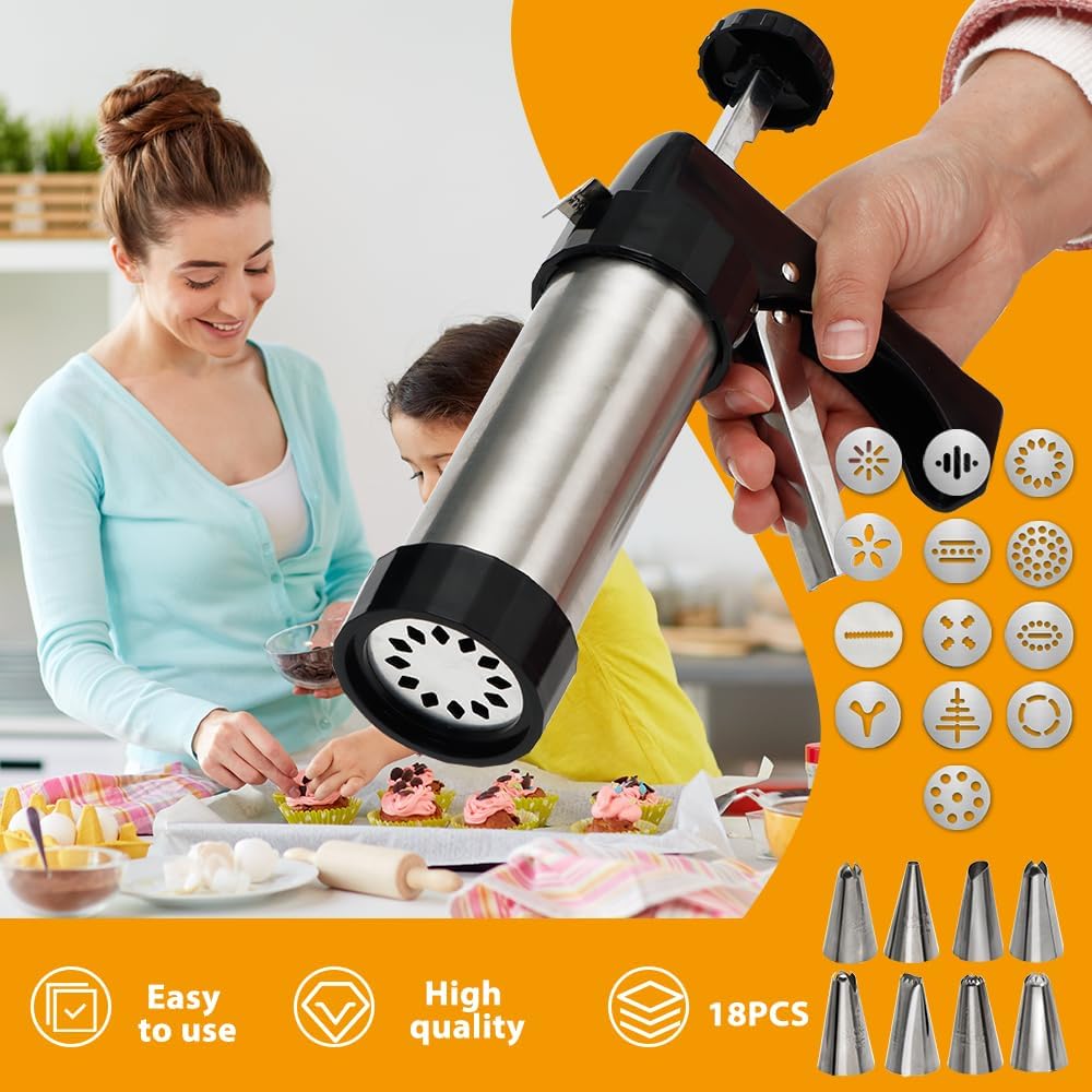 Stainless Steel Cookies Press, Cookies Press for Baking,Cookie Press Gun Kit with 13 Cookie Discs and 8 Piping Tips for DIY cake Maker Decorating Baking Supplies