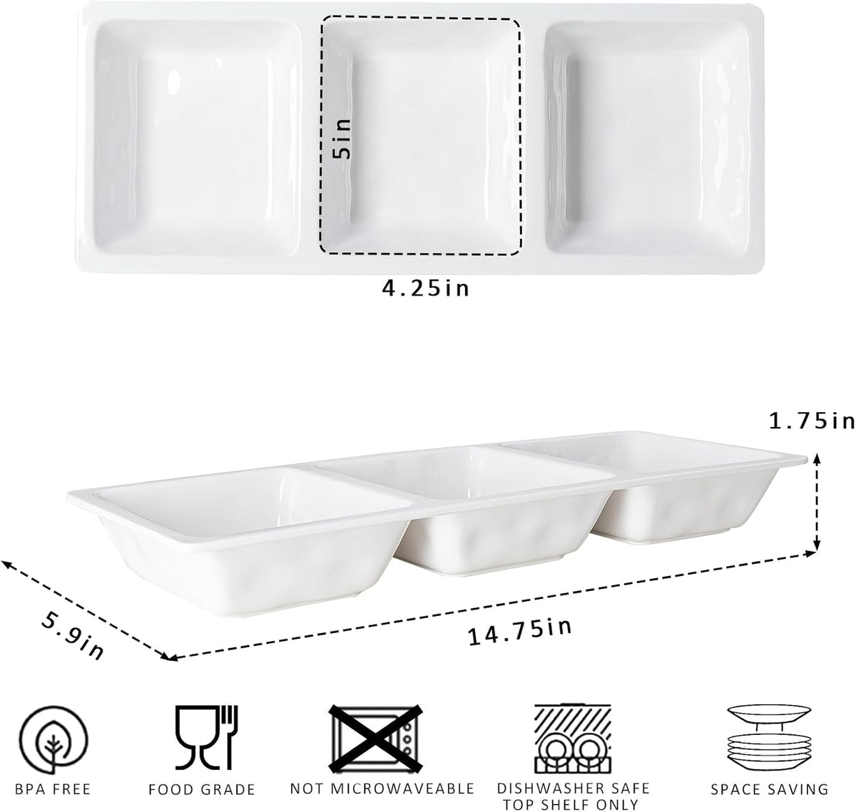 Divided Serving Tray, 14.75”x 6” Reusable 3-Section Party Platters, Condiment Serving Dishes for Entertaining, Ideal for Snacks, Appetizers, Fruit, Candy, Chip & Dip Set,White