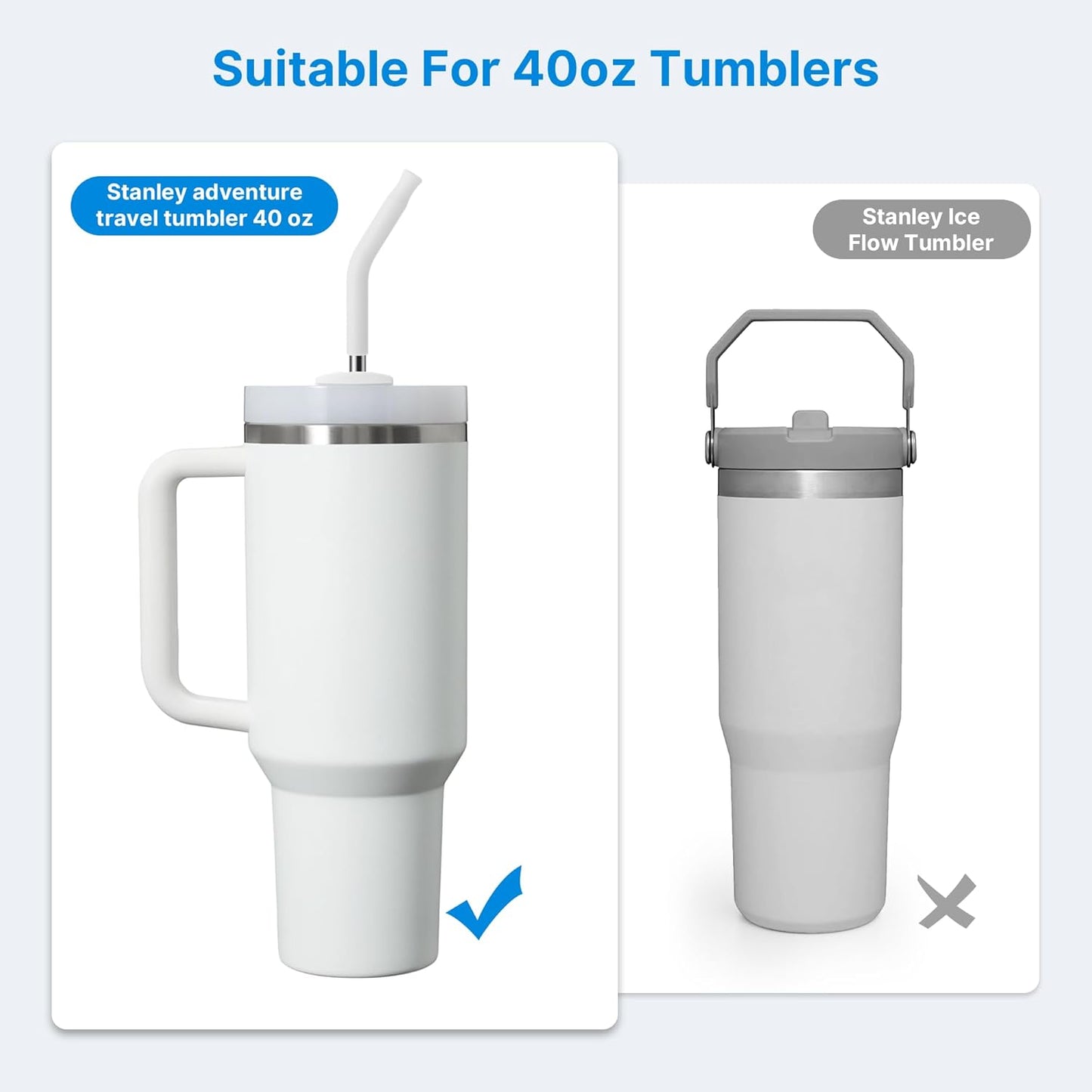 Metal Straw with Silicone Tip for 40oz Stanley Cup, 2 Pcs Stainless Steel Straws Replacement for Stanley 40 oz Adventure Quencher Travel Tumbler Cup, 1 Straw Brush (White)