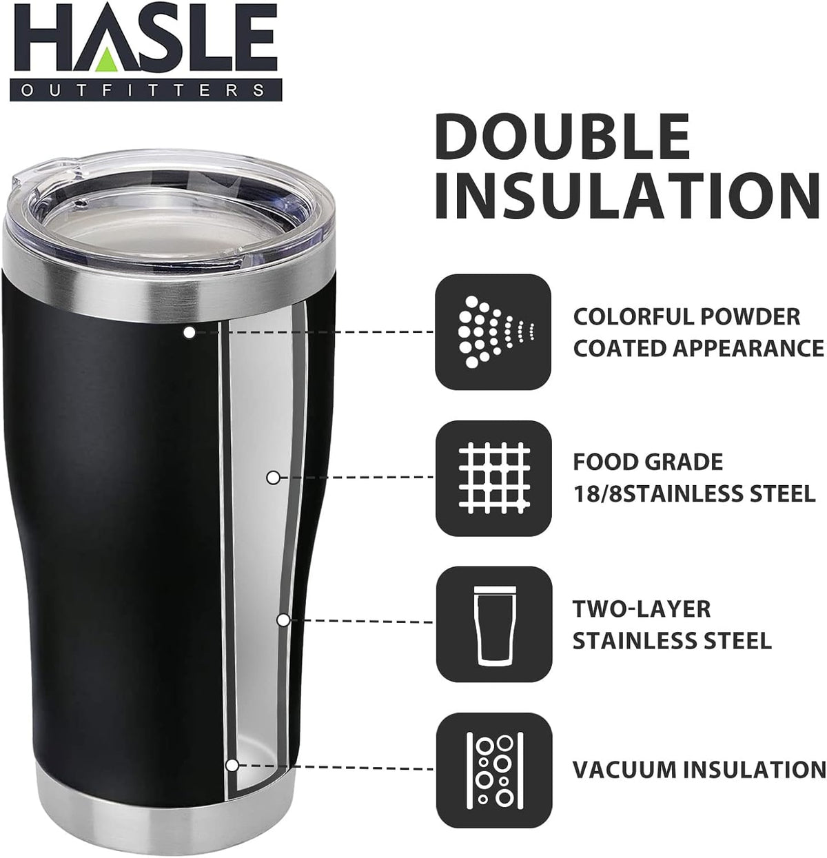 HASLE OUTFITTERS 20 oz Tumbler Bulk, Stainless Steel Tumblers with Lid, Vacuum Insulated Tumbler, Double Wall Tumbler Cup, coffee mugs, Black, 12 Pack
