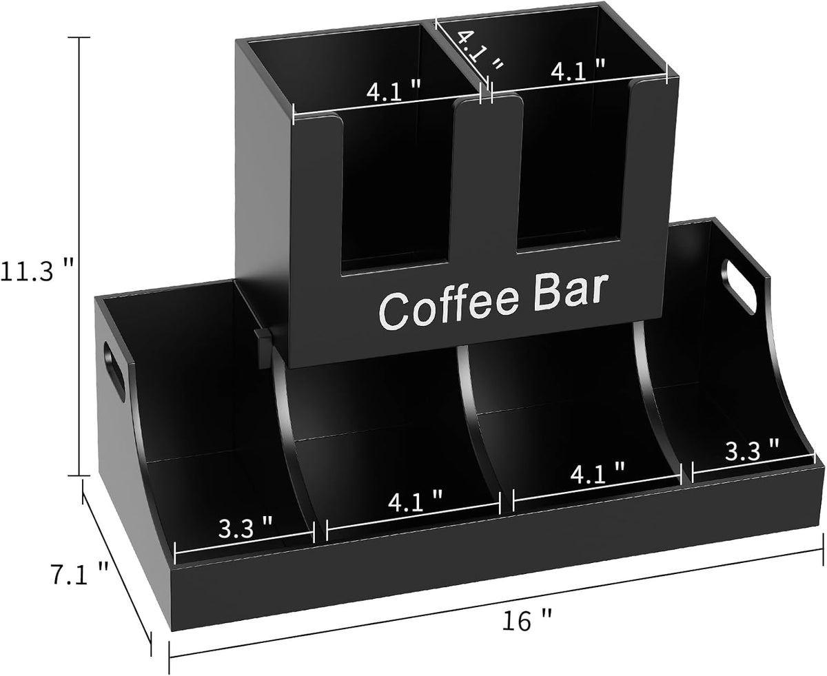 Coffee Station Organizer, Wooden Coffee Bar Organizer for Countertop, Condiment and Cup Storage Organizer, Bar Accessories for Kitchen, Office, Home, Black