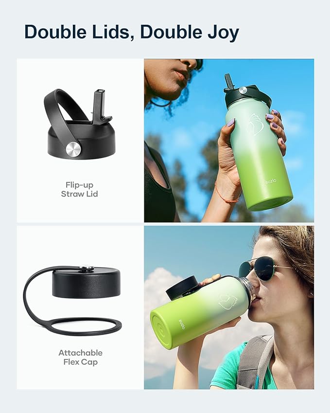 BUZIO 32oz Insulated Water Bottle, Triple Wall Vacuum Stainless Steel Water Flask with Straw Lid, BPA-Free Leakproof Sports Canteen for Sports Hiking, Cold 48H & Hot 24H- Gradient Green