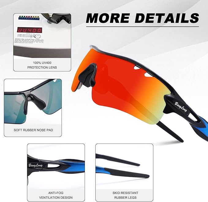 BangLong Polarized Sports Sunglasses Cycling Sun Glasses for Men Women with 5 Interchangeable Lenes for Running Baseball Golf