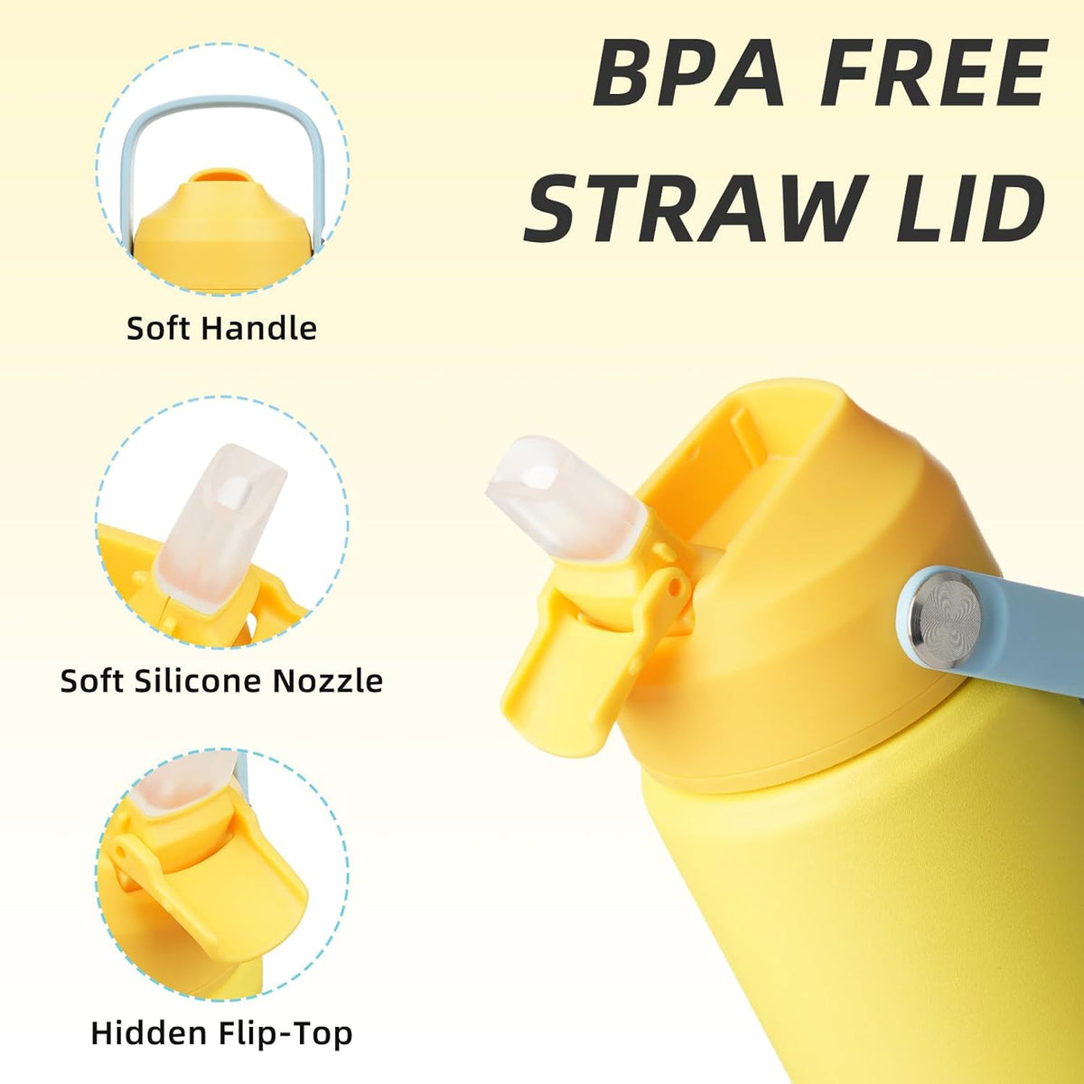 BJPKPK Insulated Water Bottle with Straw Lid, 12oz Thermos Water Bottles with Soft Nozzle, Flex Handle & Non-slip Boot, BPA Free Leak Proof Stainless Steel Metal Thermos, Tumblers, Cups,Yellow