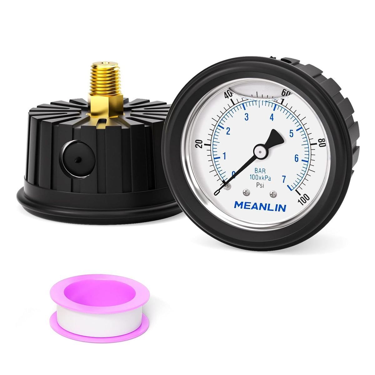 MEANLIN MEASURE 0~100Psi Stainless Steel Liquid Filled Pressure Gauge 1/4" NPT 2.5" FACE DIAL with Rubber Protective Sleeve, Center Back Mount