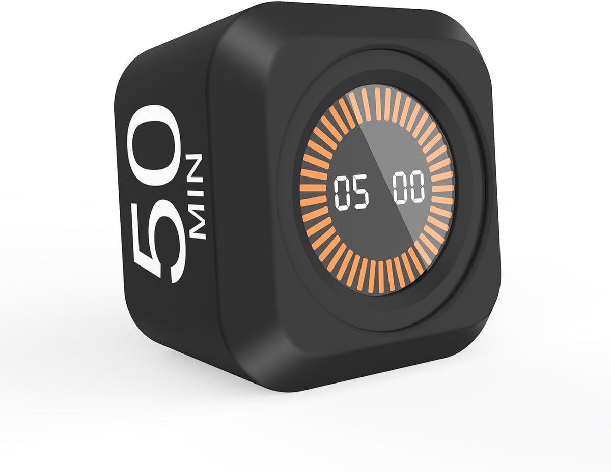 Rotating Cube Visual Timer 5, 25, 10, 50 Min Preset + Custom Countdown, Rechargeable Desk Productivity Flip Timer w/Silicone Case, Silent Mode, Ideal for ADHD Tool Study Work School (Black)
