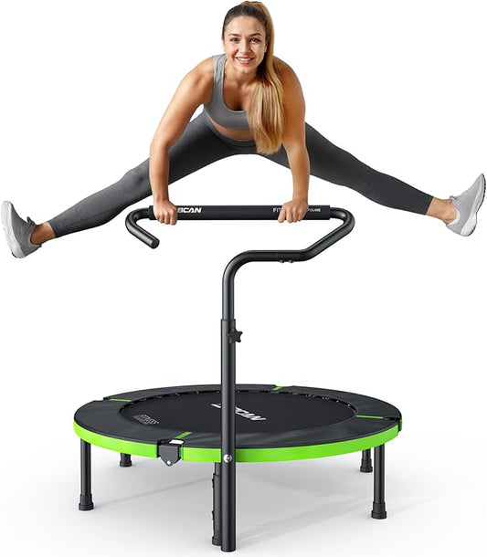 BCAN 40"/48" Foldable Mini Trampoline, Rebounder Trampoline for Adults, U/T Shape Adjustable Foam Handle, Exercise Rebounder for Adults Indoor/Garden Workout, Max Load 330lbs/440lbs