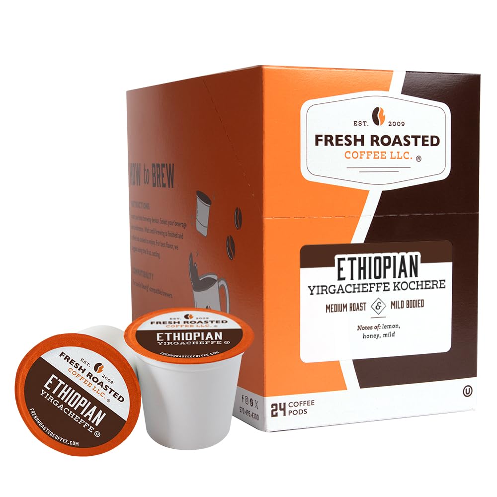 Fresh Roasted Coffee, Ethiopian Yirgacheffe Kochere, Medium Roast, 24 Pods for K Cup Brewers