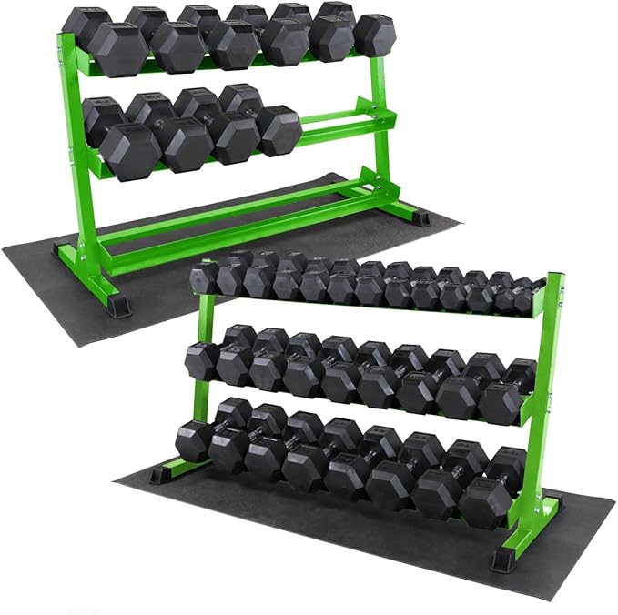 WF Athletic Supply Rubber Coated Hex Dumbbell Set, Multiple Choices Available - Dumbbells with Rack Stand and Mat, or Dumbbells Only (200/550/1200/2100/3000 LB)