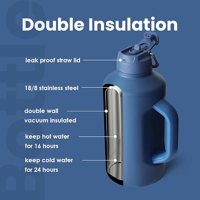 BOTTLE BOTTLE Insulated Water Bottle 64 oz with Straw and Dual-use Lid Stainless Steel Water Bottle for Men with Handle Vacuum Insulated jug for Workout Gym Soccer and Sports blue