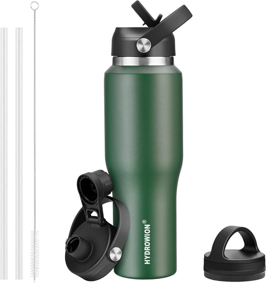 40 oz Insulated Water Bottle with Straw fit in Car Cup Holder(Cold 48 hrs, Hot 24 hrs) Drinking Bottle with Straw Lid, Spout Lid and Flex Cap Leakproof Travel Thermo Mug，Olive