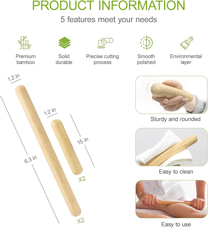 4PCS Solid Bamboo Massage Sticks & Guasha Set with Roller/Stick - 100% Bamboo Therapy Tools for Neck/Arm/Back/Legs/Full Body, Deep Tissue Massage, Muscle Relaxation, Body Shaping, Fatigue Relief