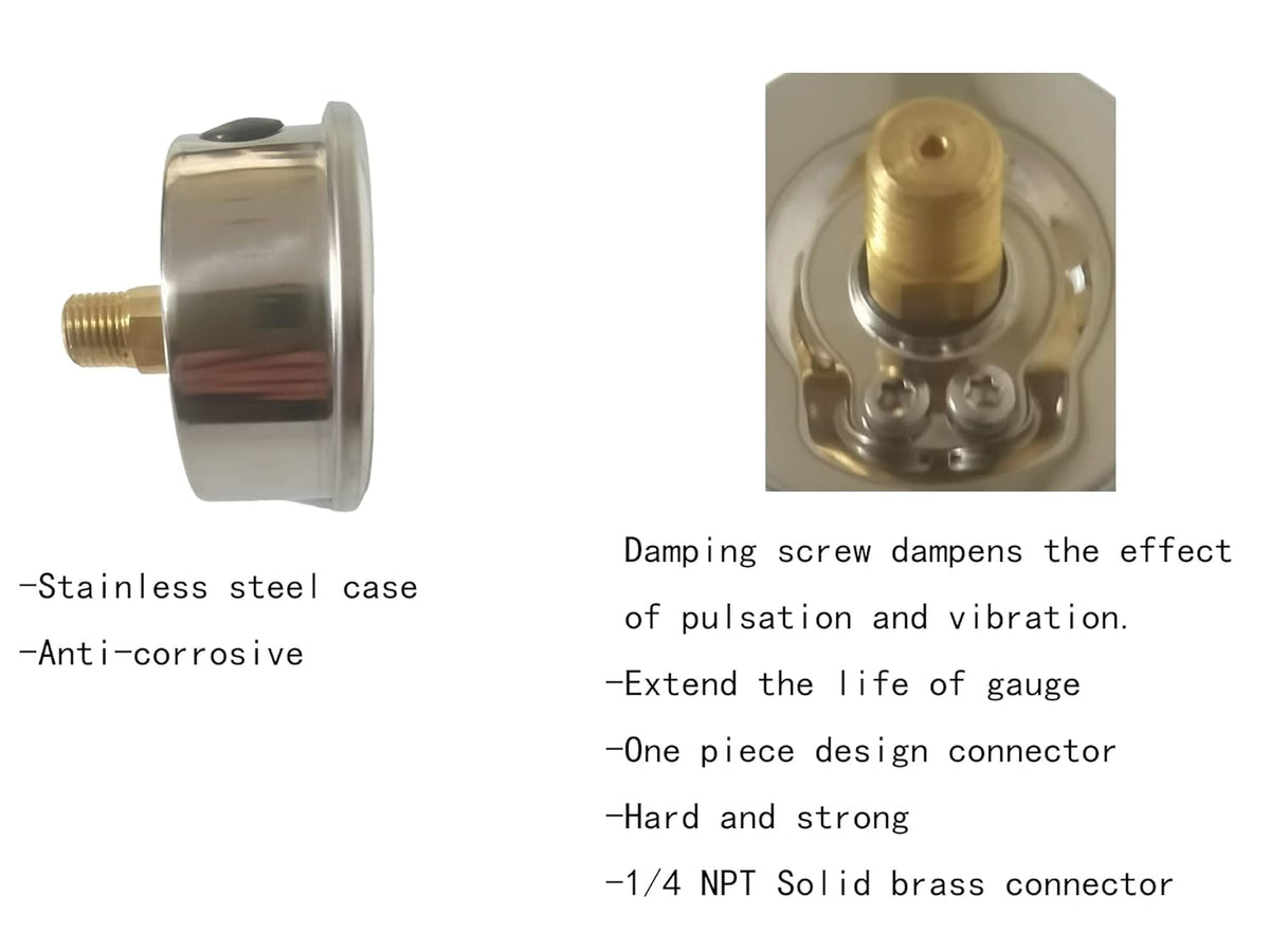 Pressure Gauge,Liquid Filled,2 1/2" face Dia,0-60 psi/bar/kpa,1/4" NPT Back Mount, Polycarbonate Lens Window, Stainless Steel case