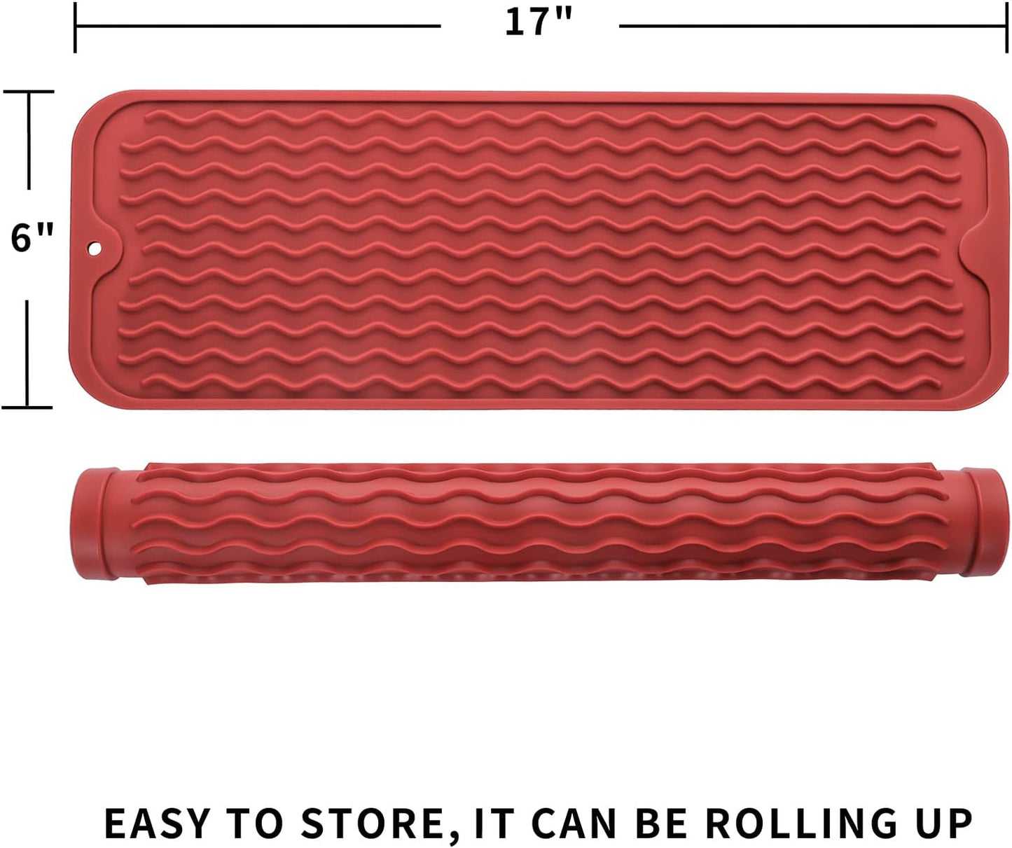Silicone Dish Drying Mat for Multiple Usage,Easy clean,Eco-friendly,Heat-resistant Silicone Mat for Kitchen Counter,Sink,Bar,Bottle,or Cup Red M 17 inches x 6 inches
