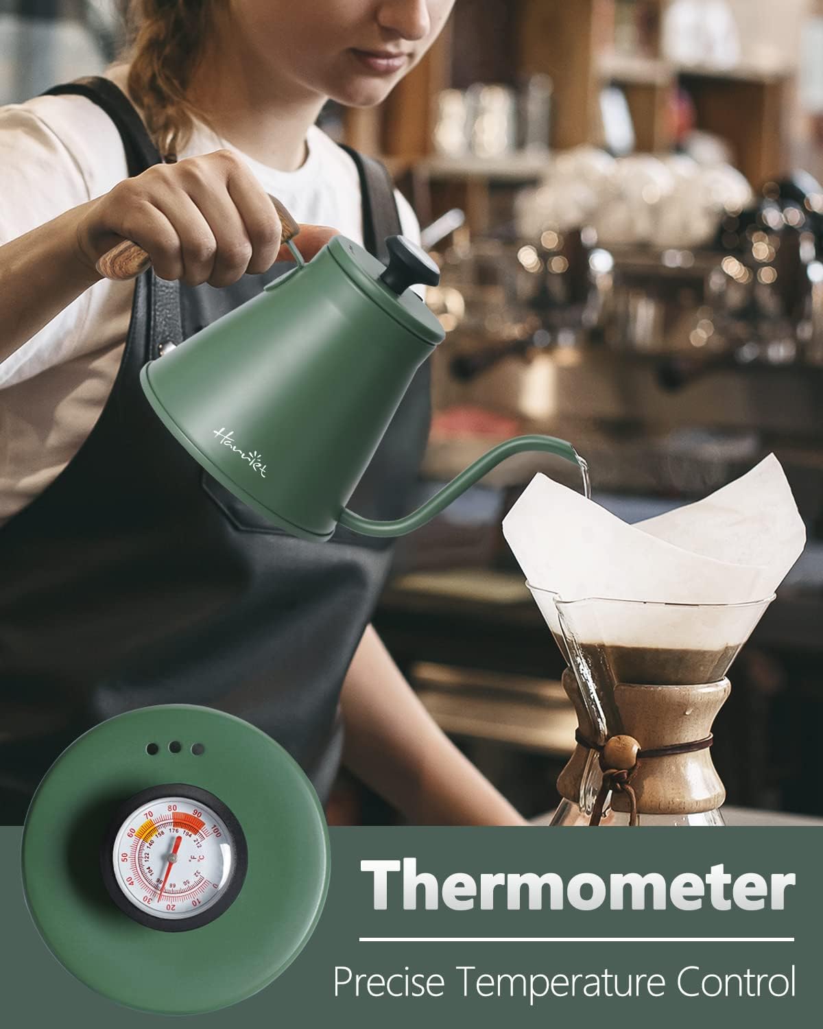 Harriet Gooseneck Kettle with Thermometer for Pour Over Coffee and Tea, 37 fl oz, Stainless Steel, Durable 3-Layer Base, Ideal Spout for Precision Pouring, Compatible with all Stove Tops, Green