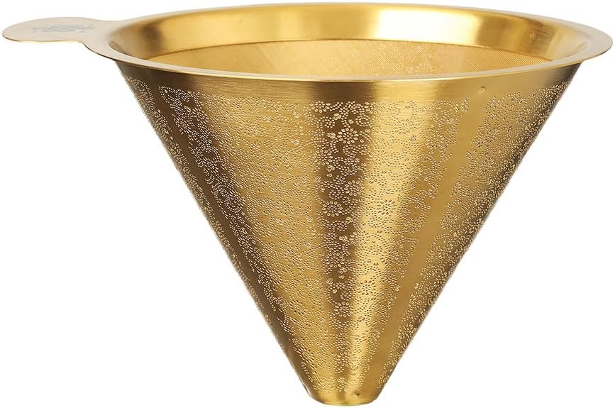 ATHIA Golden Reusable Stainless Steel Pour Over Coffee Dripper, Laser Etched Double Mesh Cone Filter, Paperless, Eco-friendly, Fits Hario, Chemex, carafes & most coffee makers (Golden, Cone Shape)