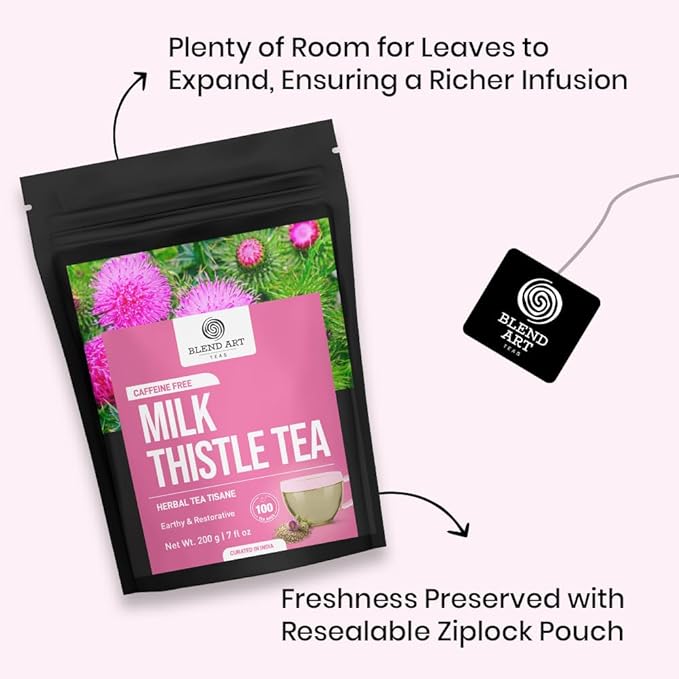 BlendArt Teas - Milk Thistle Seeds Herbal Tea - 100 Count - Pyramid Tea Bag | For Liver Detox support | Reduce inflammation | Refreshing Peppermint with lemon flavour - Caffeine Free | Ziplock Pouch