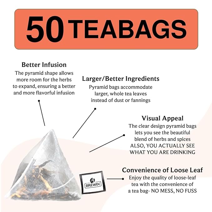 BREWIX, Peach Black Tea (50 Plant Based Pyramid Bags) | Premium Black Tea with Peach | Floral & Refreshing | Iced or Hot | Caffeinated And Sugar-Free