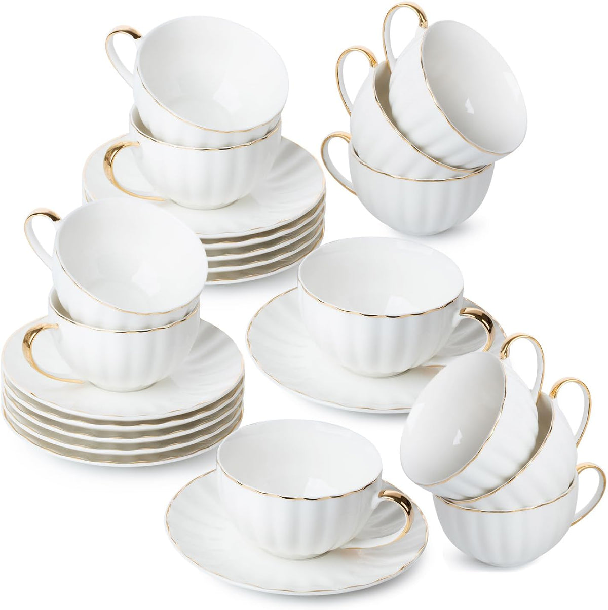 BTaT- White Tea Cups and Saucers Set of 12 (7 oz), Porcelain White Tea Cup Set of 12 with Golden Trim Design, Dishwasher Safe