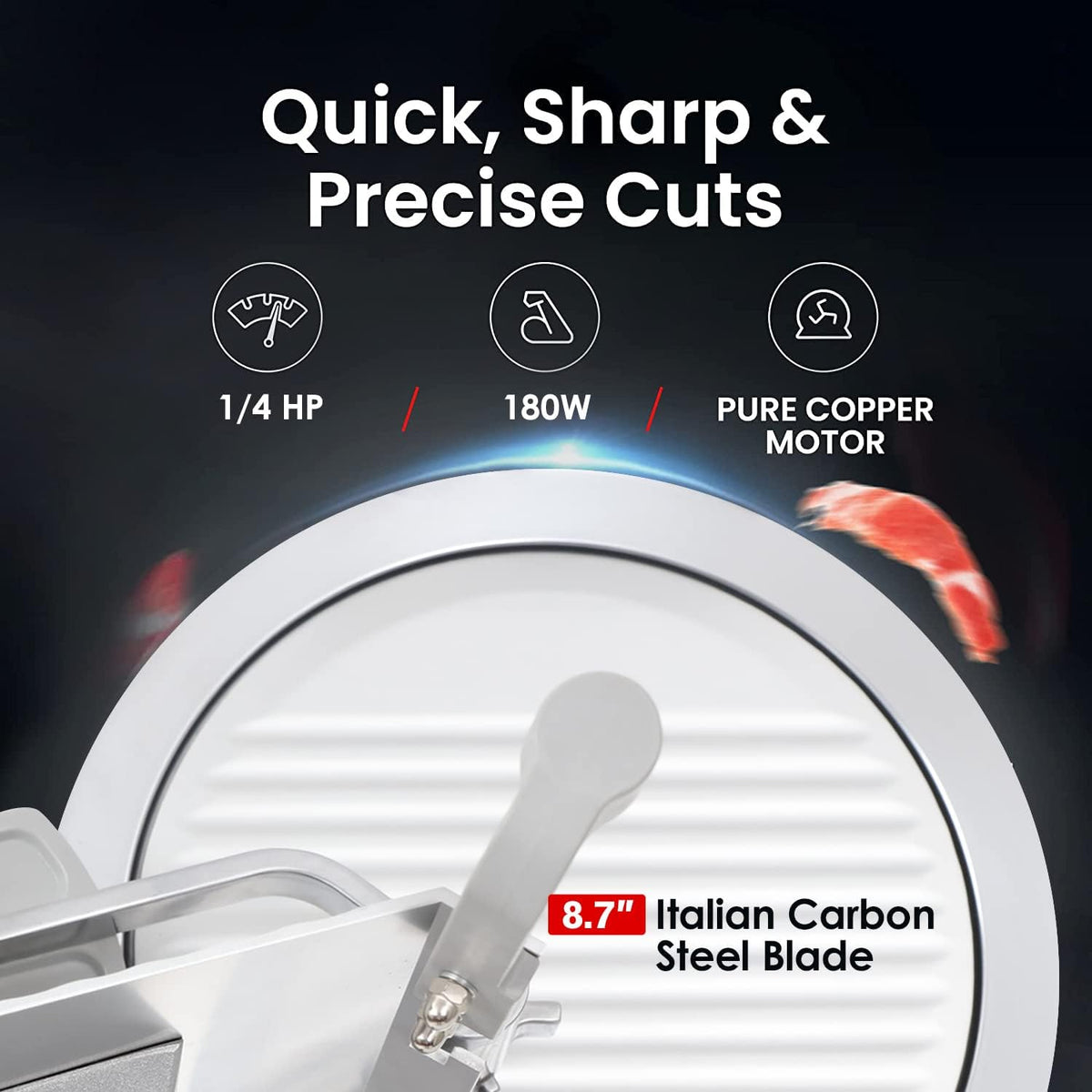 Toogood 8.7" Commercial Slicer, 1/4 HP Electric Meat Slicer, Italian Carbon Steel Blade, Quiet Performance, Semi-frozen Meat/Cheese/Food Slicer, 0.5mm to 15mm Thickness