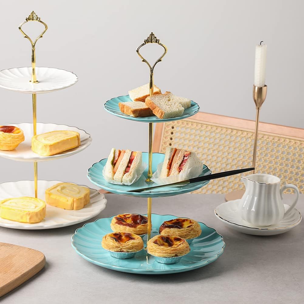 Sweejar 3 Tier Ceramic Cake Stand Wedding, Dessert Cupcake Stand for Tea Party Serving Platter (Turquoise)