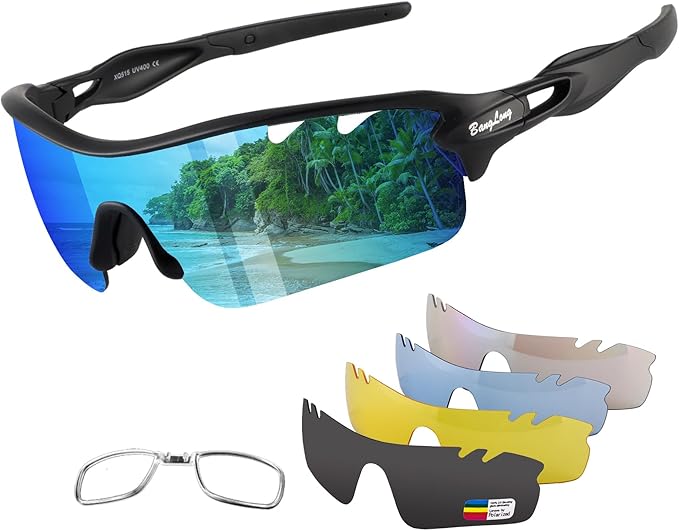 BangLong Polarized Sports Sunglasses Cycling Sun Glasses for Men Women with 5 Interchangeable Lenes for Running Baseball Golf
