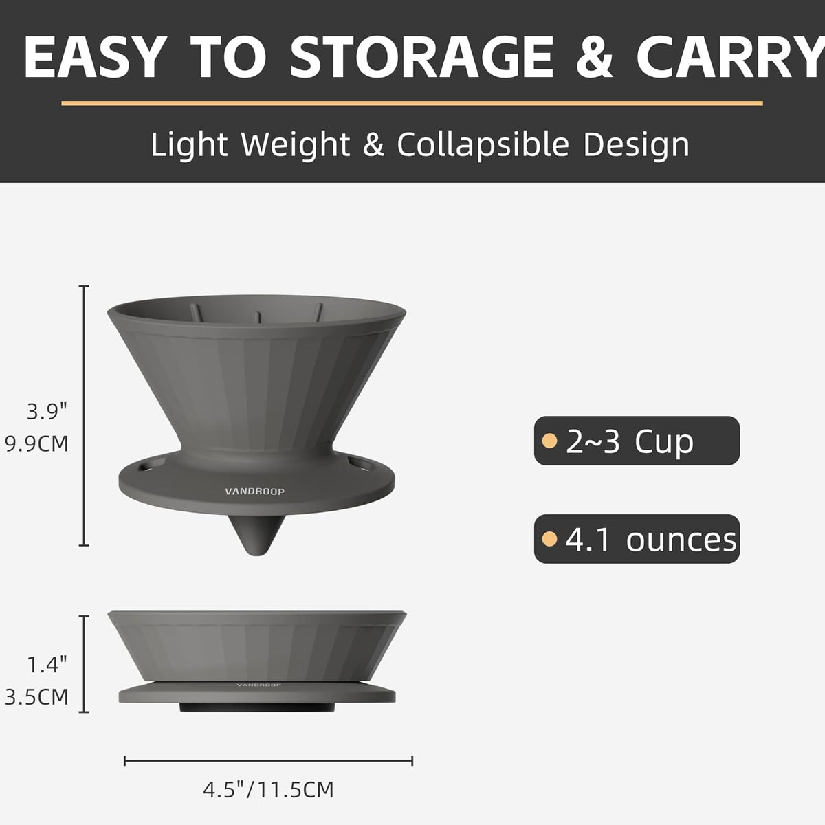 Collapsible Pour Over Coffee Dripper, Reusable Silicone Pour Over Coffee Maker for Camping, Travel&Home, Portable Single Clever Coffee Dripper with 10 V60 Filter Papers #02(Grey, 2-3 Cup)