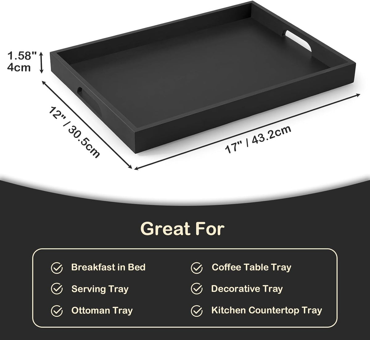 17 Inch Black Wood Serving Tray with Handles, Large Wooden Tray for Ottoman, Breakfast in Bed, Coffee Table, Dinner, Perfect for Living Room Bedroom Entryway and Kitchen