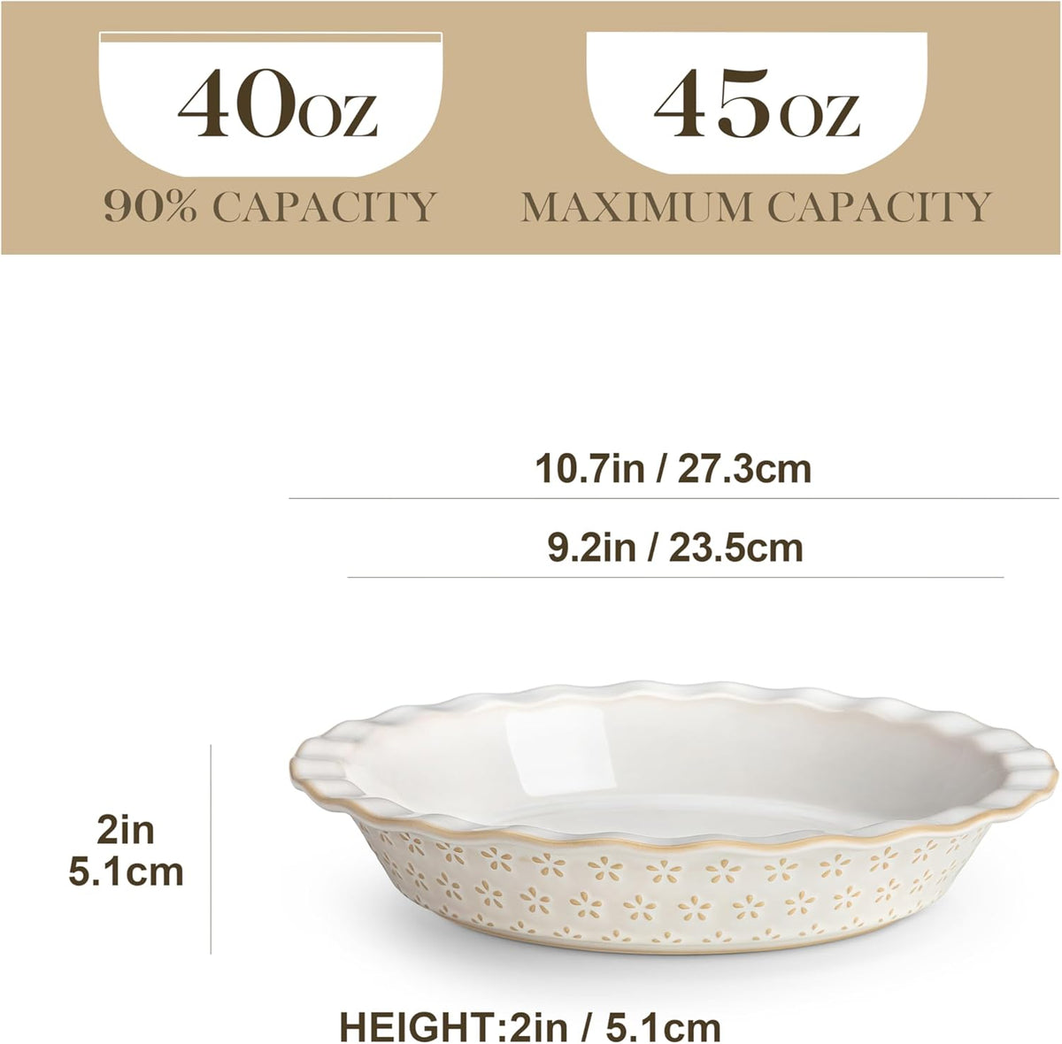 MALACASA 9 Inch Pie Pan, Embossed Deep Dish Plate, 45 OZ Round Quiche Baking Dish for Oven, Fluted for Apple Pie and Quiche, Set of 2, Series LYDIA