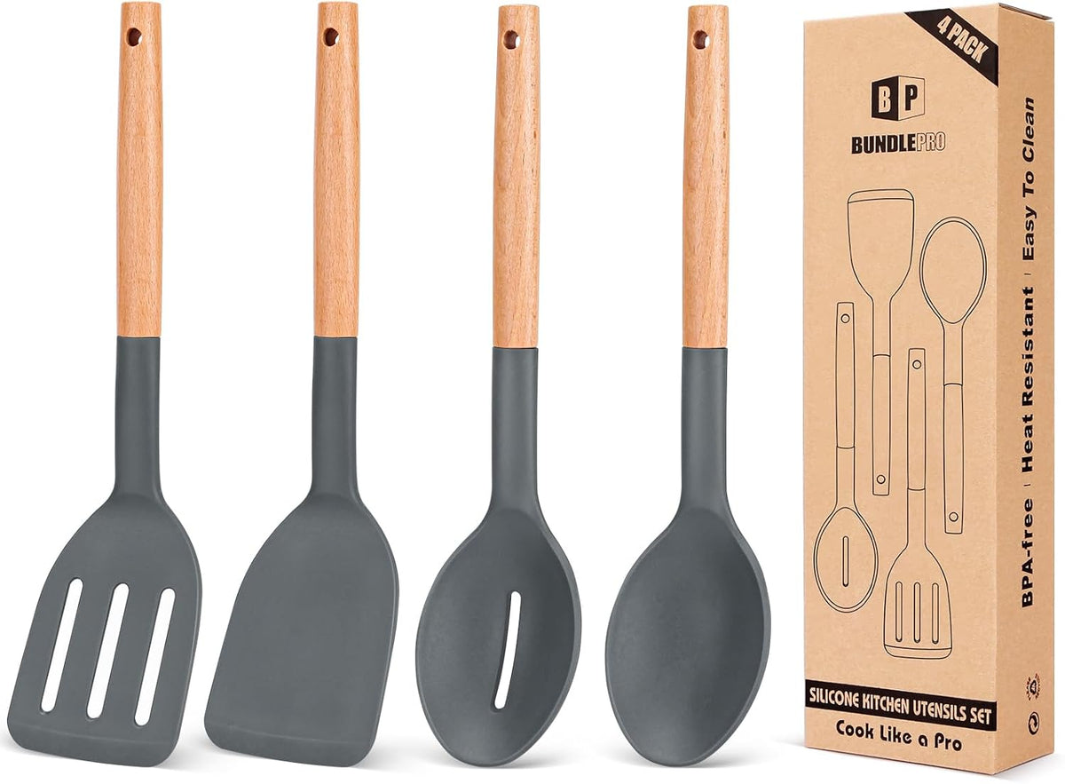 Pack of 4 Silicone Cooking Utensils Set, Non Stick Solid Spatulas and Heat Resistant Slotted Spoons with Wooden Handle, Ideal Wood Kitchen Utensils Set for Frying,Serving,Turning,Stirring (GRAY)