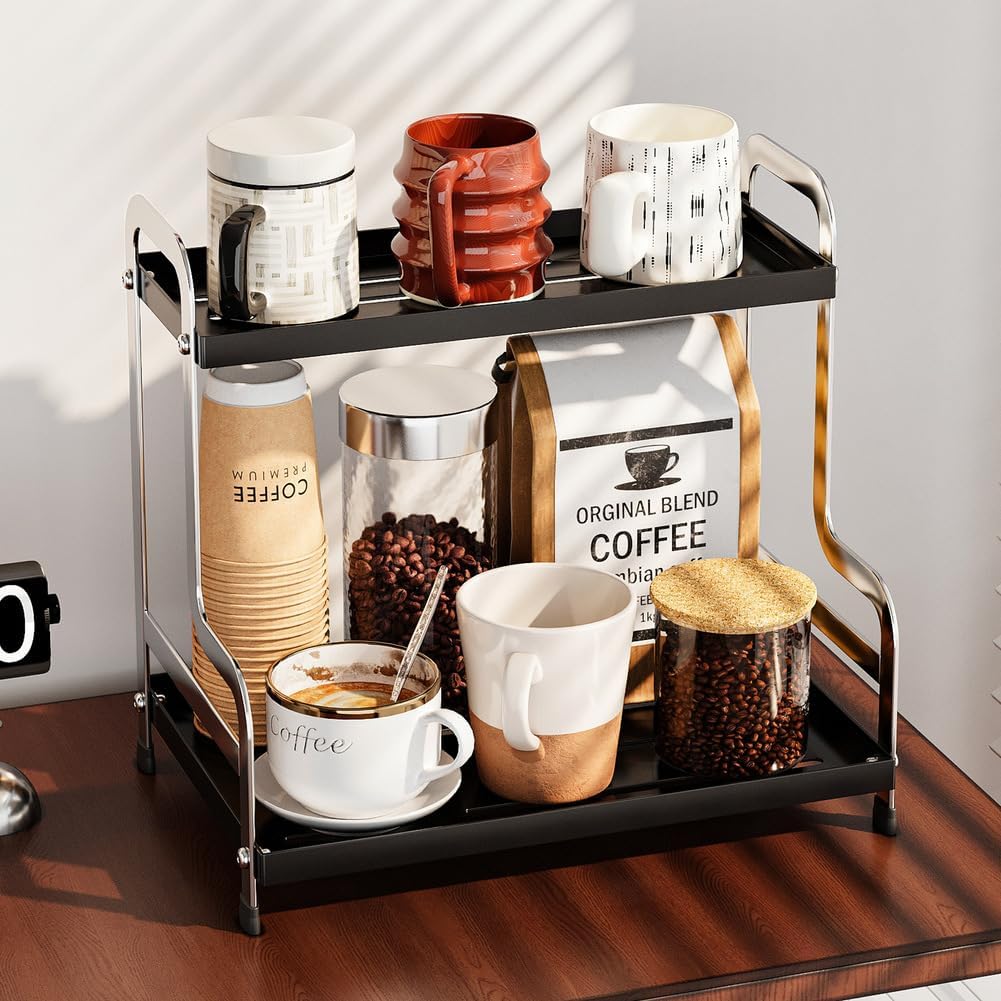KISKIS Coffee Mug Cup Holder Space Saving 2-Tier Sturdy Stable Metal Storage Shelf, Prevent Falling Scratch Resistant Kitchen Rack Office Bathroom Desktop Organizer,Black+sliver