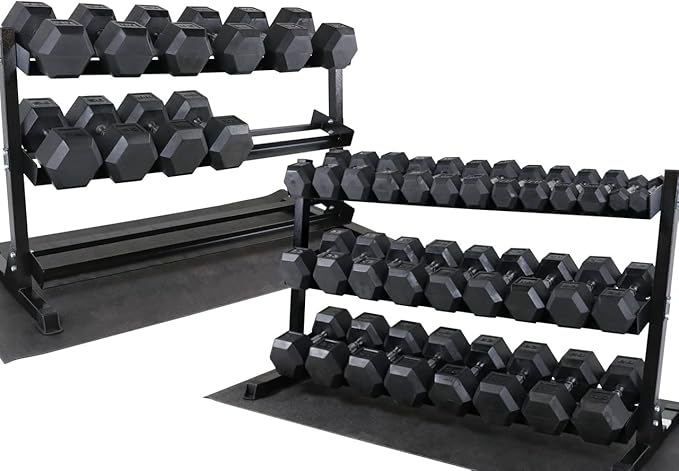 WF Athletic Supply Rubber Coated Hex Dumbbell Set, Multiple Choices Available - Dumbbells with Rack Stand and Mat, or Dumbbells Only (200/550/1200/2100/3000 LB)