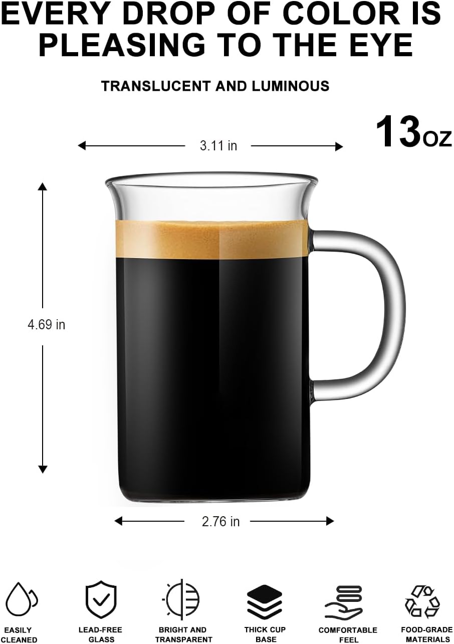 LUXU Glass Coffee Tea Cups(Set of 2)-13 oz,Clear Glass Mugs,Tall Drinking Glasses for Cappuccino,Latte,Espresso,Lead-free Drinking Glasses Great for Juice,Water,Beer,Milk Hot And Cold Drinks