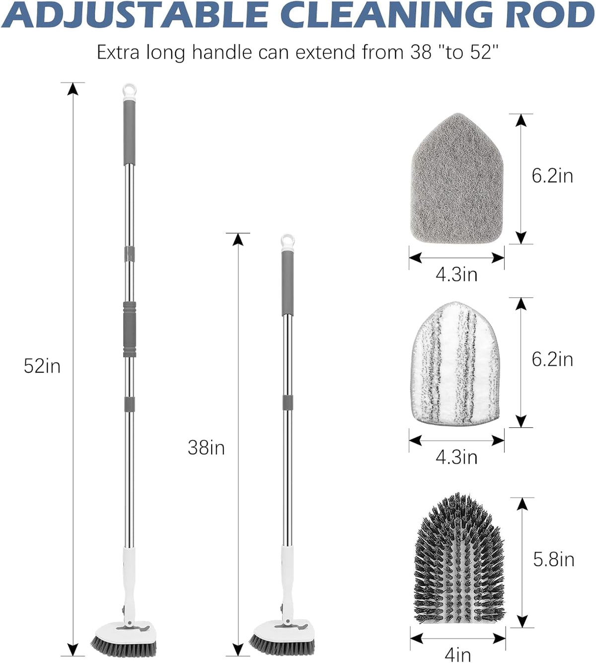 SetSail Floor Scrub Brush, 3-in-1 Tile Tub Floor Scrubber with 52-inch Adjustable Long Handle Shower Cleaner Brush and 3 Detachable Replacement Brush Heads for Cleaning Bathroom Tub Tile, White